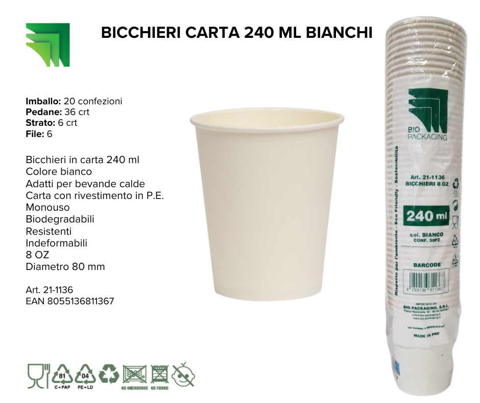Immagine Bicchieri carta 240ml bianchi conf. 50 pz