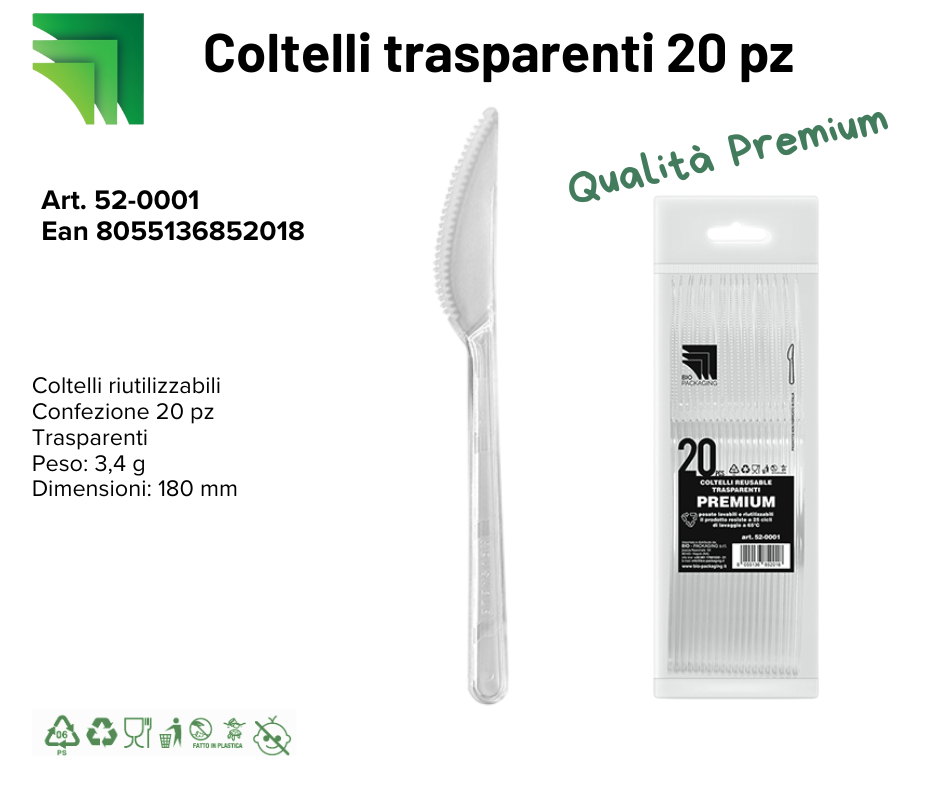Immagine Coltelli premium trasparenti reusable 180mm - 3,4gr conf. 20 pz