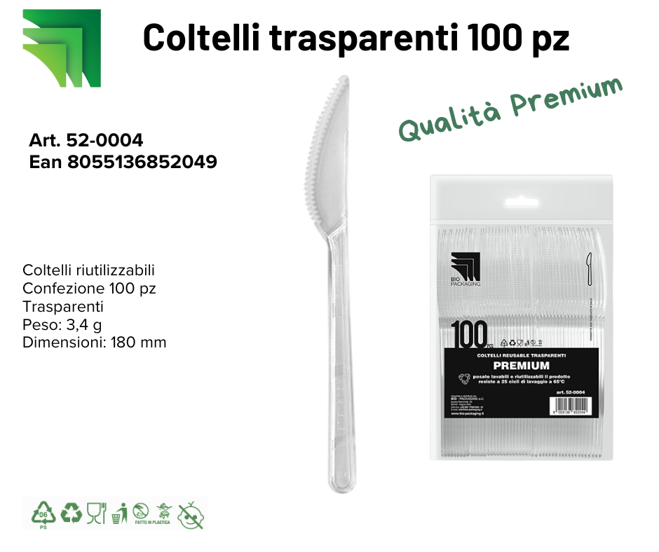 Immagine Coltelli premium trasparenti reusable 180mm - 3,4gr conf. 100 pz