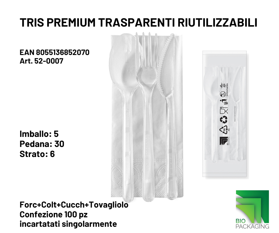 Immagine Tris premium trasparenti reusable forc/colt/cucch/tov conf. 100 pz