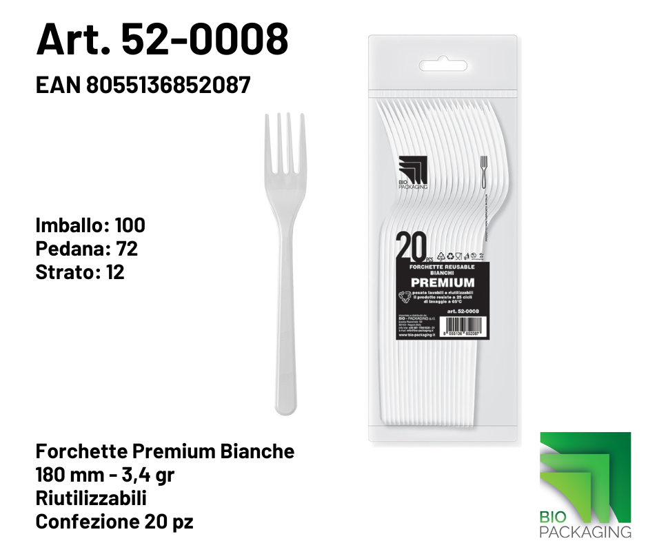 Immagine Forchette premium bianche reusable 180mm - 3,4gr conf.20pz