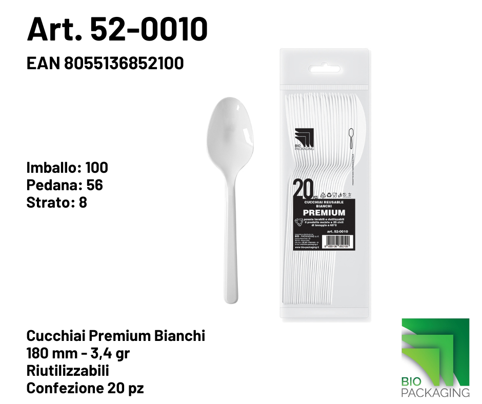 Immagine Cucchiai premium bianchi reusable 180mm - 3,4gr conf. 20pz