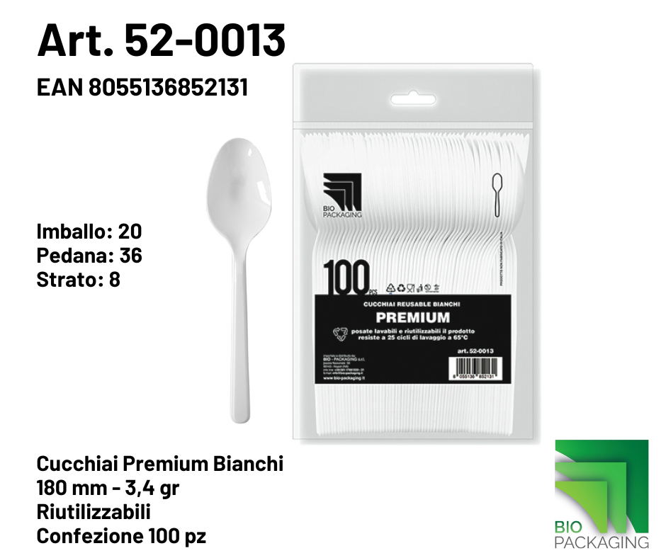 Immagine Cucchiai premium bianchi reusable 180mm - 3,4gr conf. 100 pz