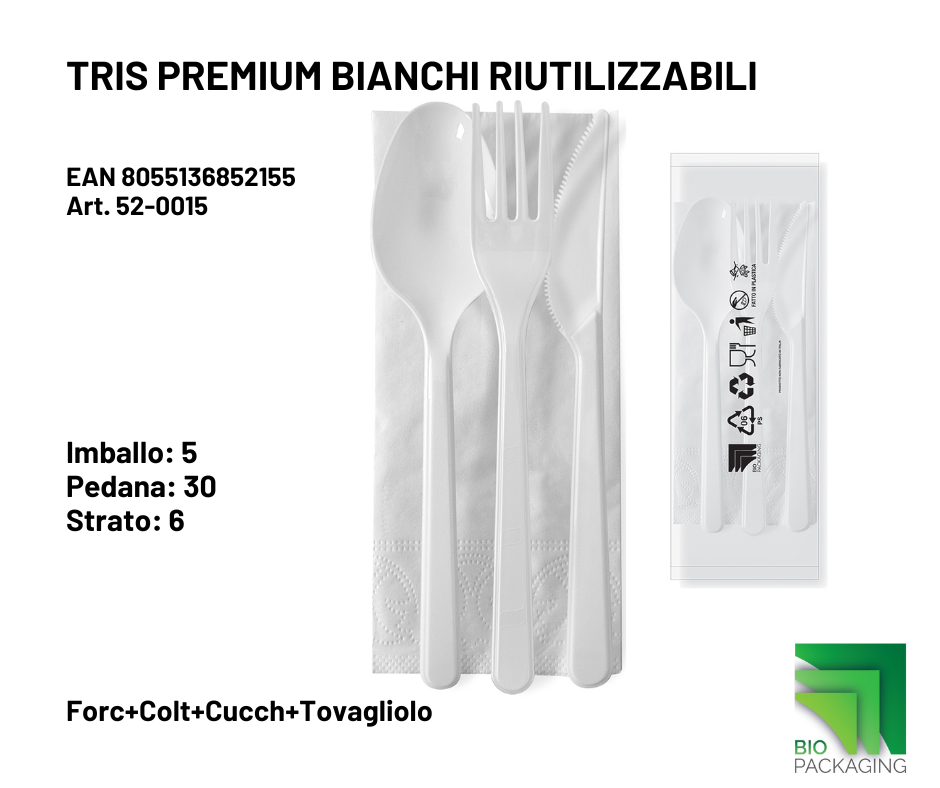 Immagine Tris premium bianchi reusable forc/colt/cucch +tov conf. 100 pz