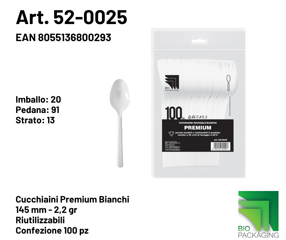 Immagine Cucchiaini premium bianchi reusable 145mm 2.2gr conf. 100 pz