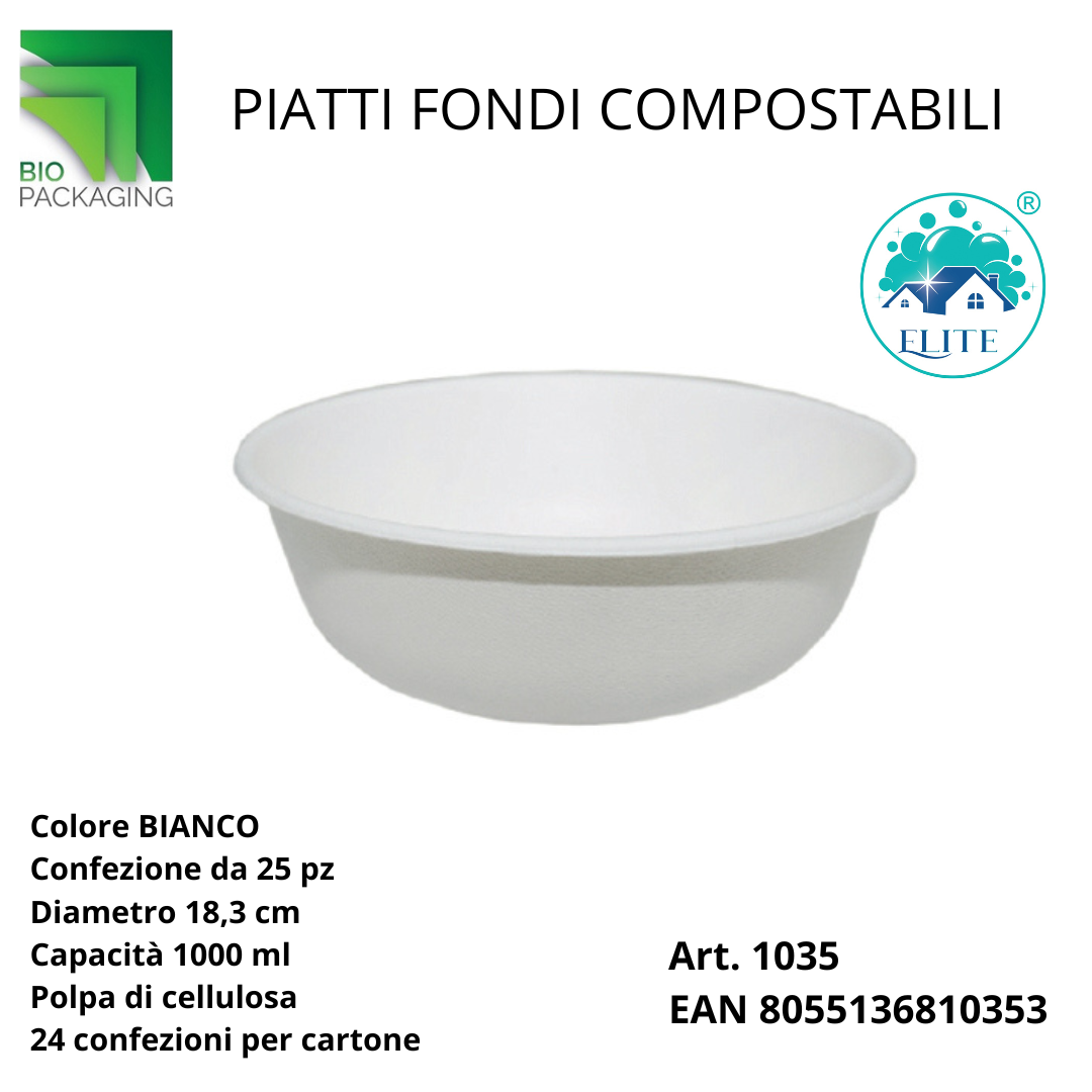 Immagine Piatti fondi compostabili 18,3 cm 1000 ml conf. 25 pz
